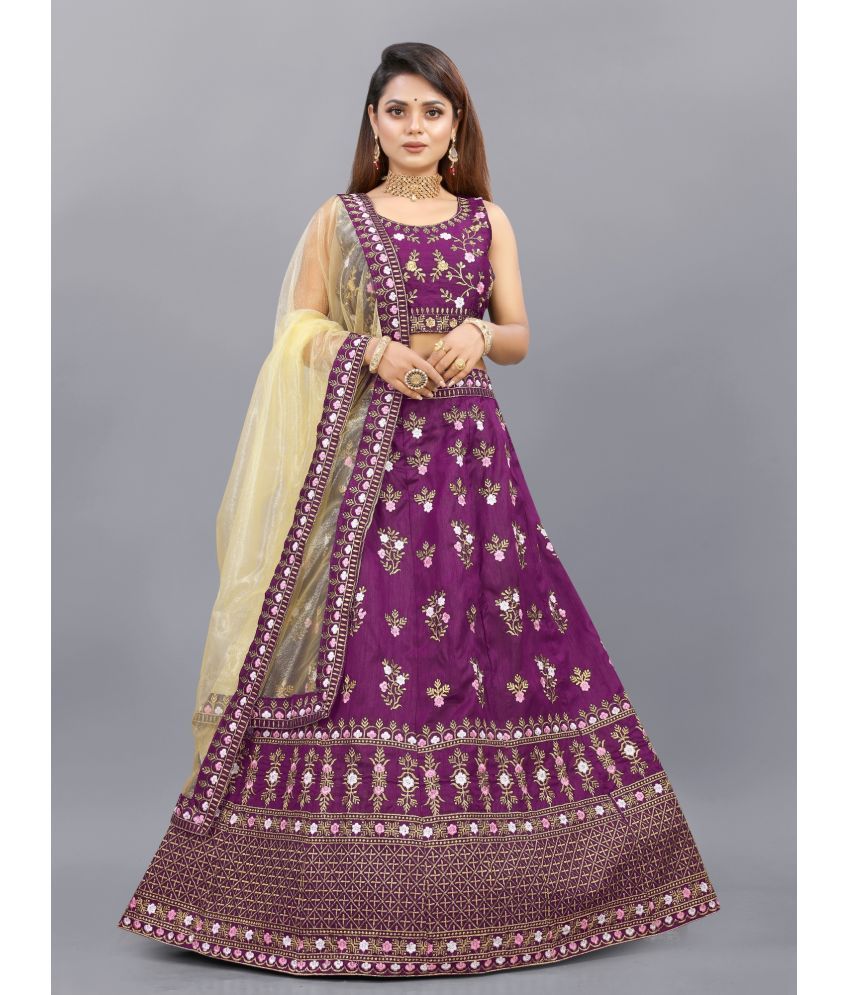     			Apnisha Purple Silk Chaniya Choli Unstitched Lehenga Single