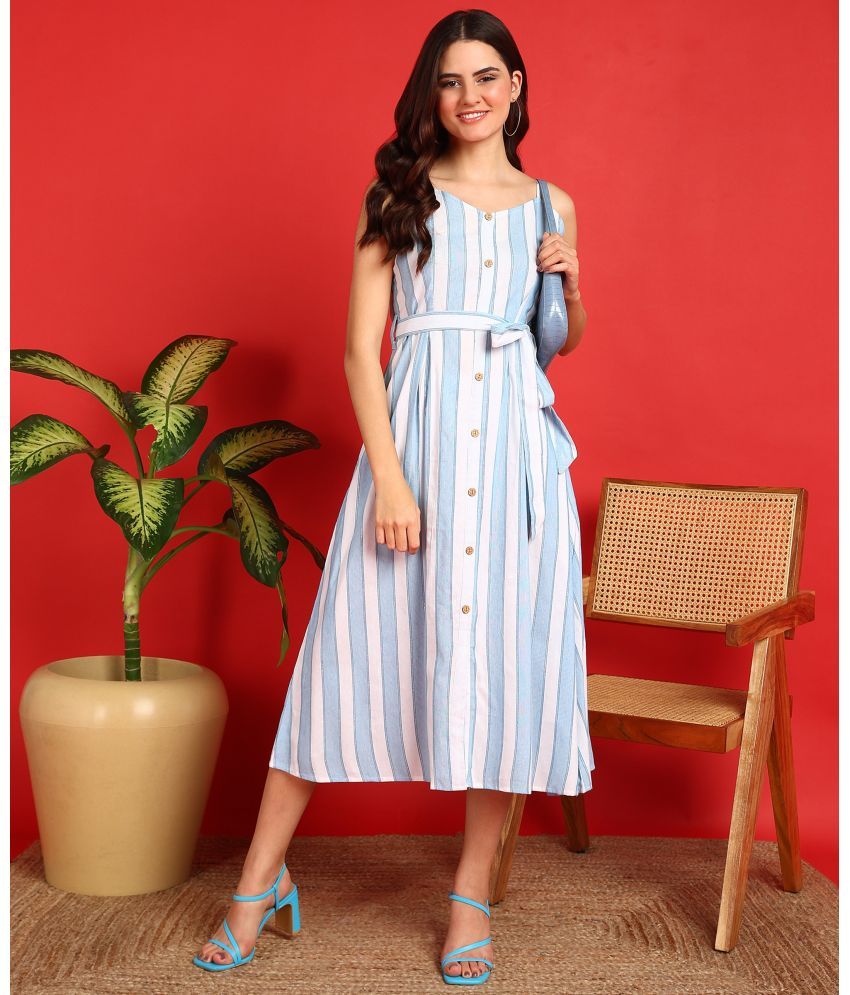     			Hiva Trendz Cotton Blend Striped Midi Women's A-line Dress - Light Blue ( Pack of 1 )