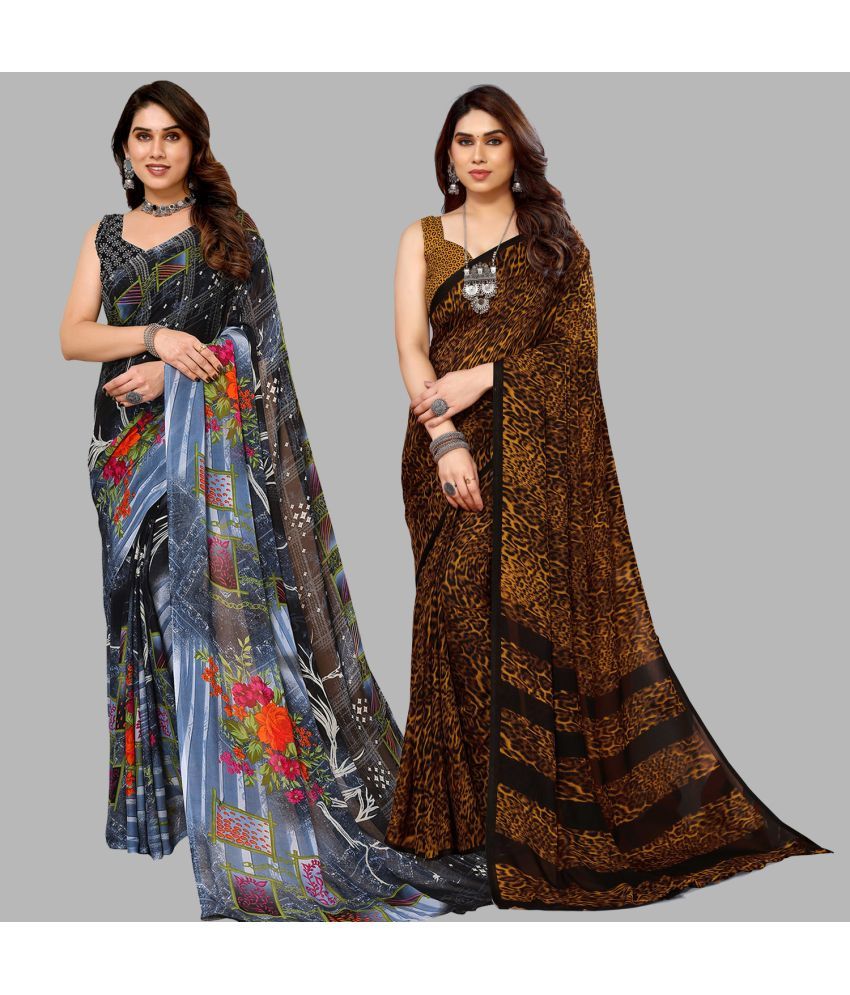     			Kashvi Sarees Georgette Printed Saree With Blouse Piece - Multicolor ( Pack of 2 )