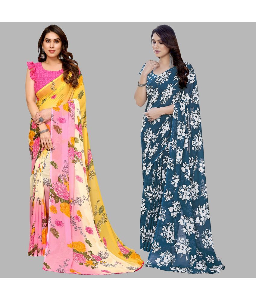     			Kashvi Sarees Georgette Printed Saree With Blouse Piece - Multicolor ( Pack of 2 )