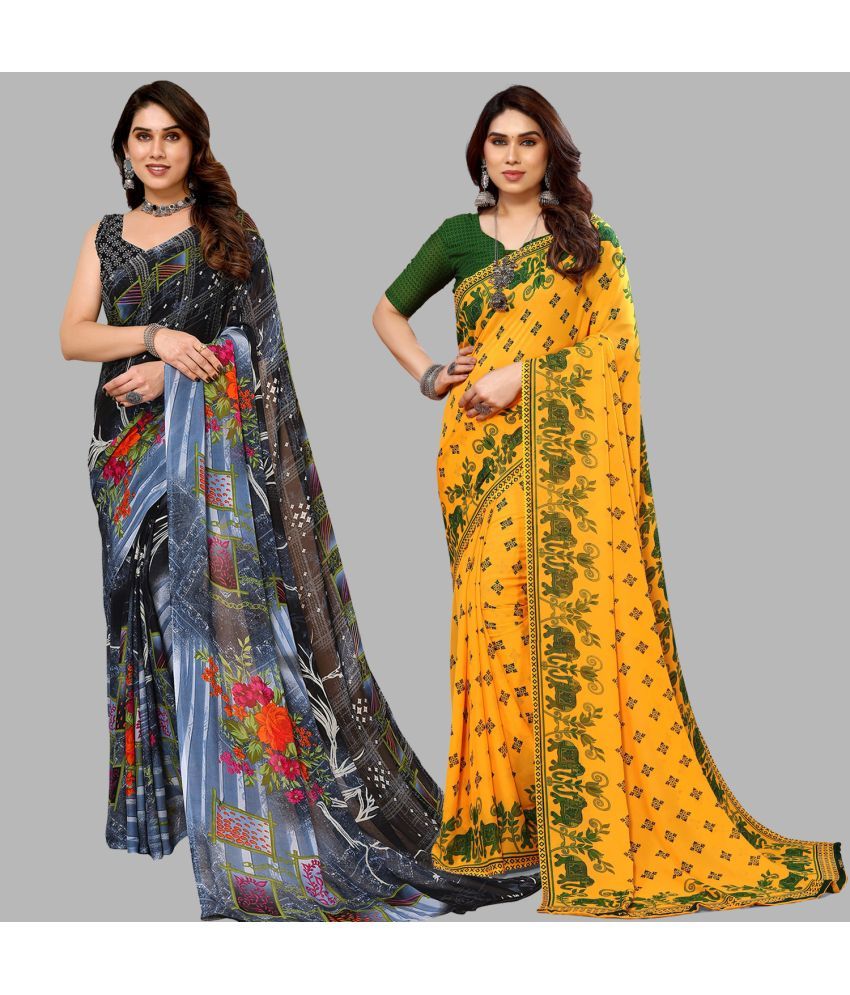     			Kashvi Sarees Georgette Printed Saree With Blouse Piece - Multicolor ( Pack of 2 )