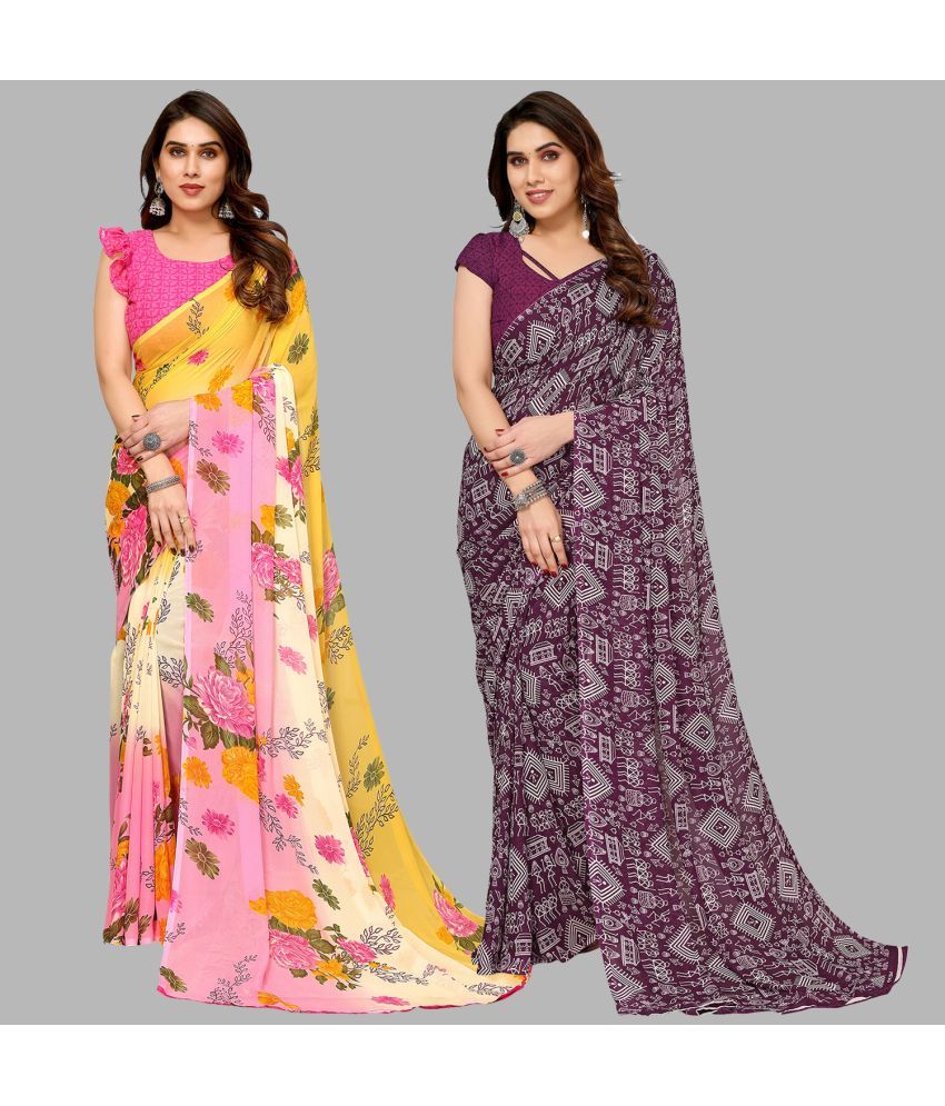     			Kashvi Sarees Georgette Printed Saree With Blouse Piece - Multicolor ( Pack of 2 )