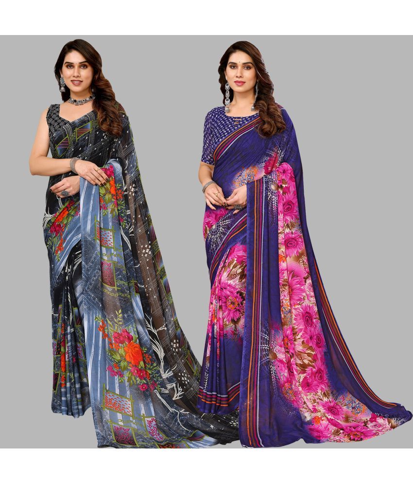     			Kashvi Sarees Georgette Printed Saree With Blouse Piece - Multicolor ( Pack of 2 )