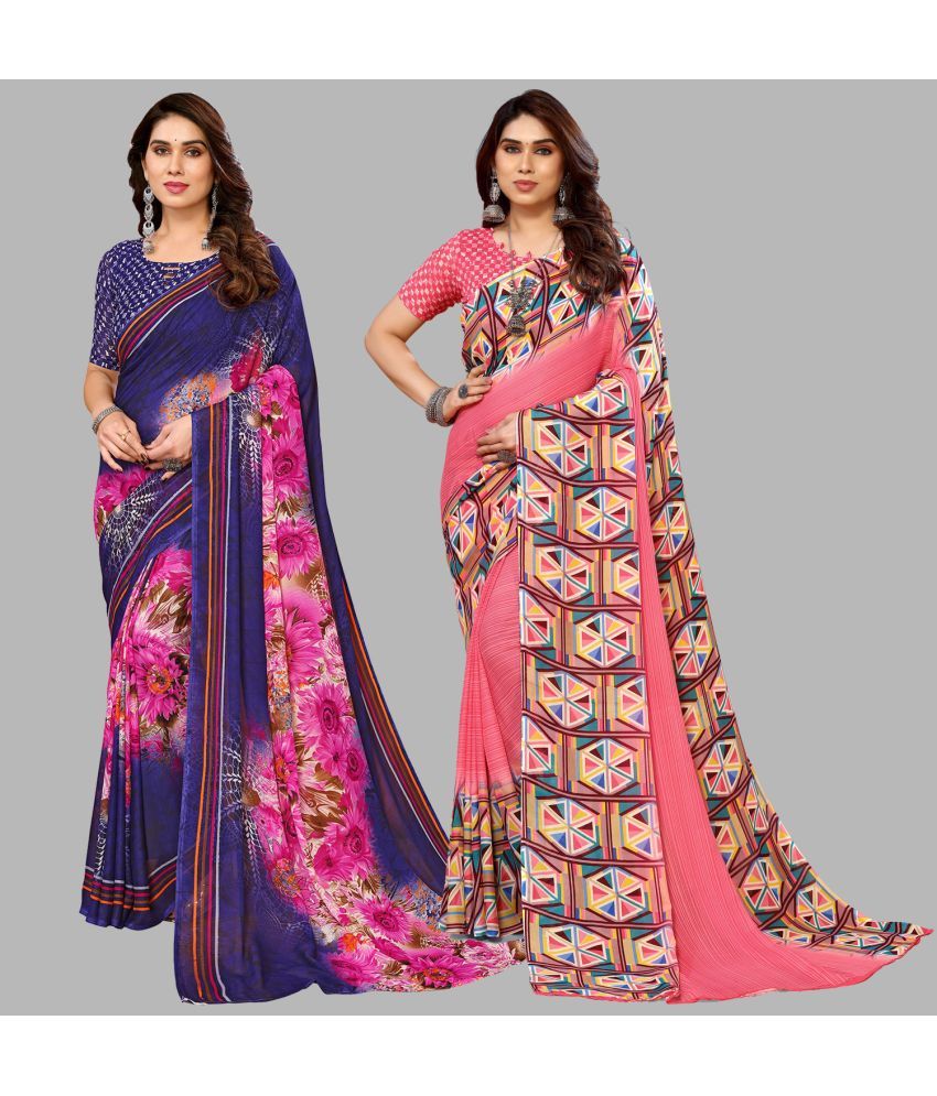     			Kashvi Sarees Georgette Printed Saree With Blouse Piece - Multicolor ( Pack of 2 )