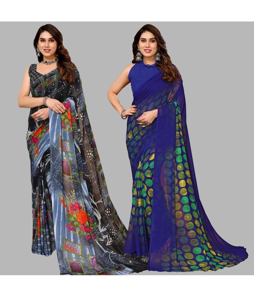     			Kashvi Sarees Georgette Printed Saree With Blouse Piece - Multicolor ( Pack of 2 )