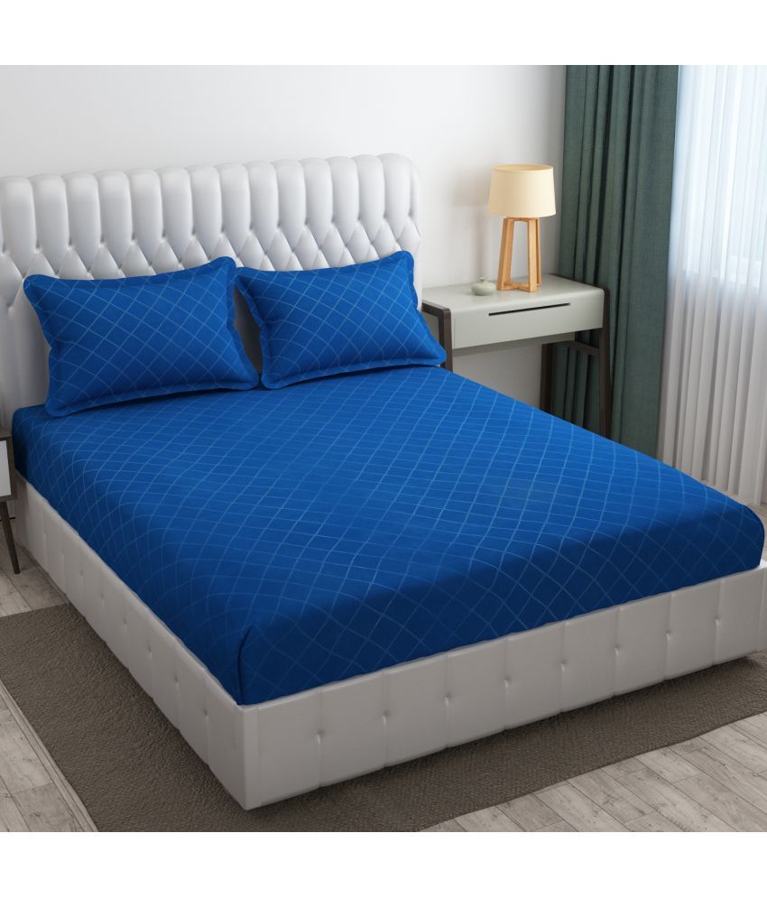     			HIDECOR Microfiber Big Checks 1 Double King Size Bedsheet with 2 Pillow Covers - Blue