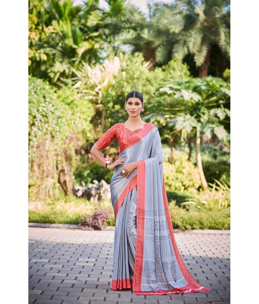     			Kandora Crepe Printed Saree With Blouse Piece - Grey ( Pack of 1 )