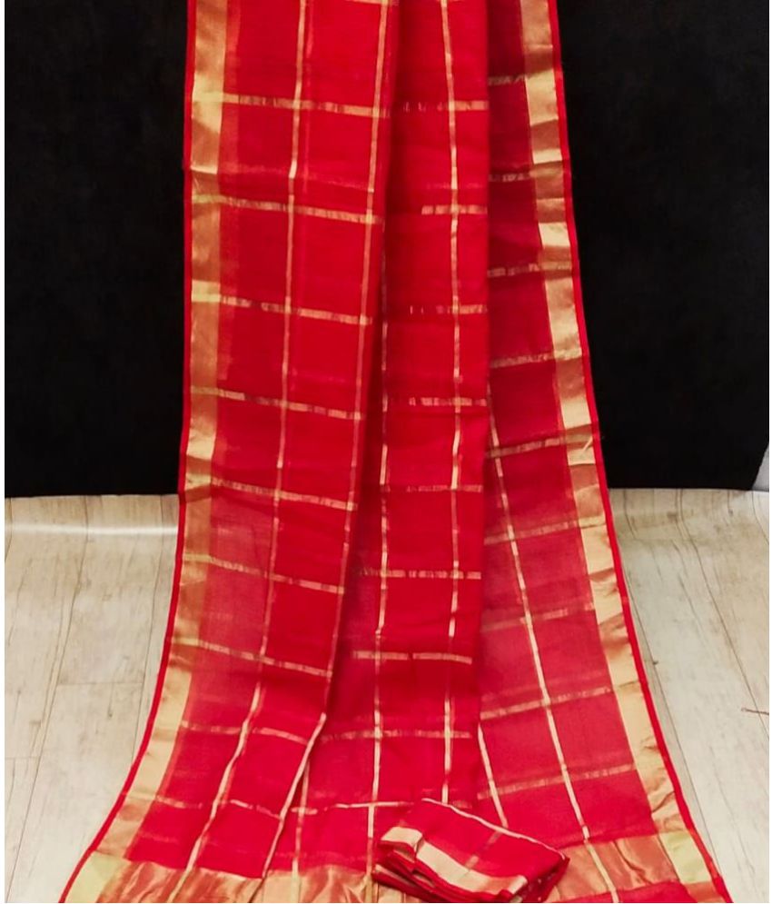     			Poshvariety Cotton Self Design Saree With Blouse Piece - Red ( Pack of 1 )