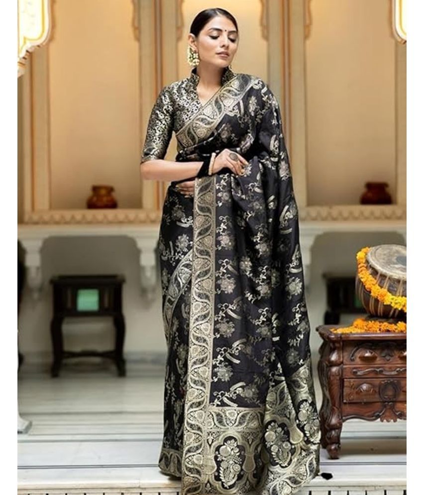     			Samah Art Silk Woven Saree With Blouse Piece - Black ( Pack of 1 )