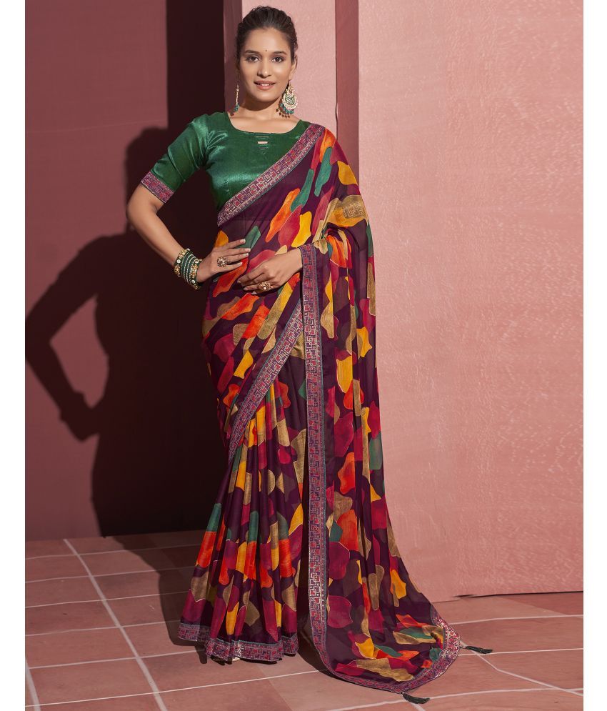     			Samah Chiffon Printed Saree With Blouse Piece - Multicolour ( Pack of 1 )