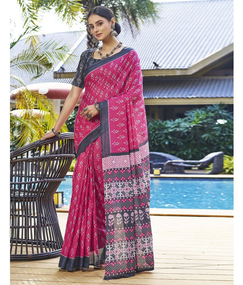     			Samah Cotton Printed Saree With Blouse Piece - Pink ( Pack of 1 )