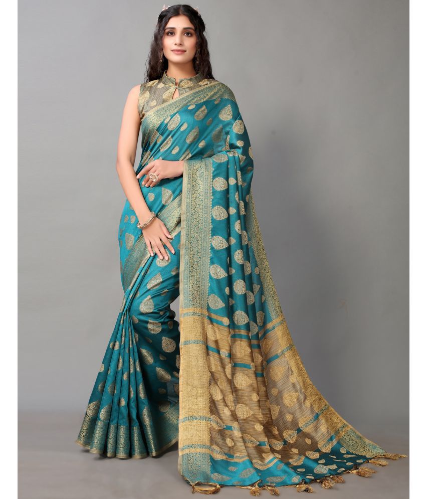     			Samah Cotton Silk Woven Saree With Blouse Piece - Teal ( Pack of 1 )