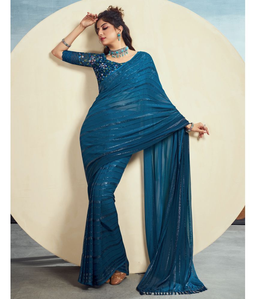     			Samah Georgette Embellished Saree With Blouse Piece - Teal ( Pack of 1 )