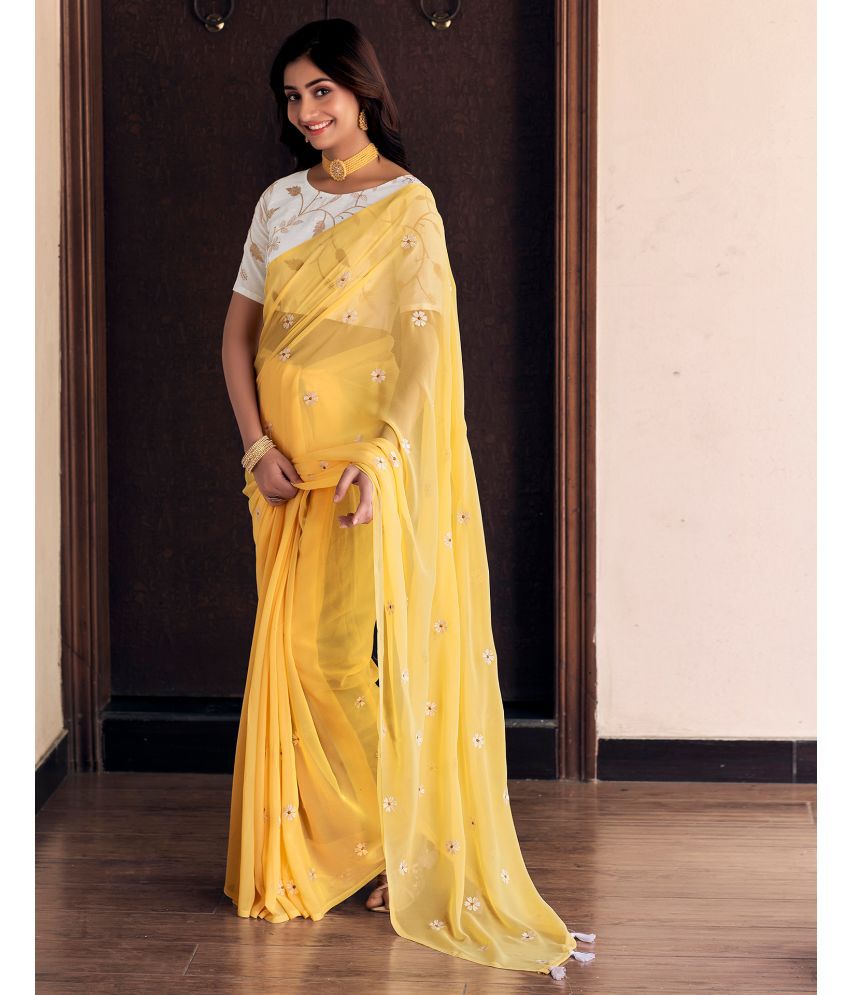     			Samah Georgette Embroidered Saree With Blouse Piece - Mustard ( Pack of 1 )