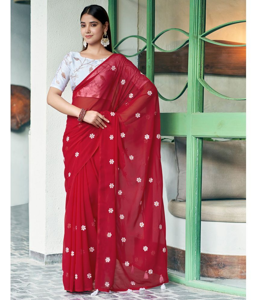     			Samah Georgette Embroidered Saree With Blouse Piece - Red ( Pack of 1 )