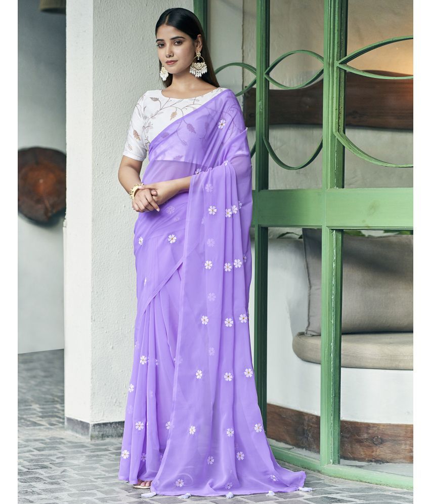     			Samah Georgette Embroidered Saree With Blouse Piece - Lavender ( Pack of 1 )