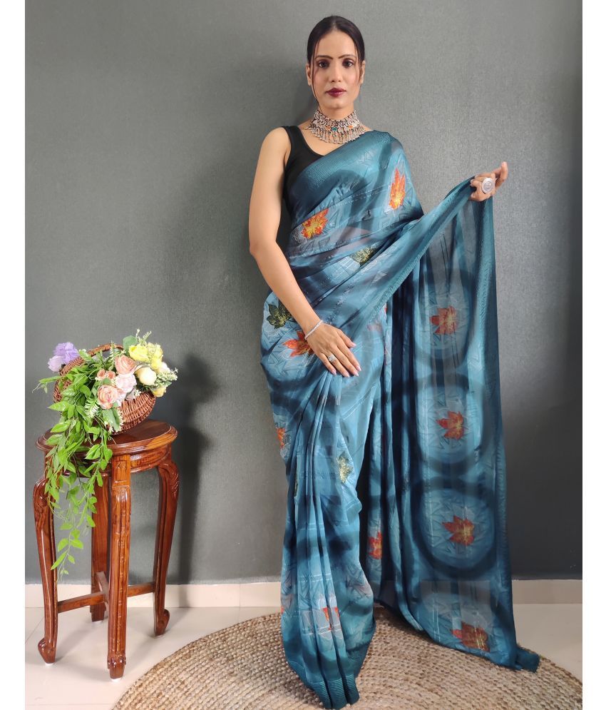     			Samah Georgette Printed Saree With Blouse Piece - LightBLue ( Pack of 1 )