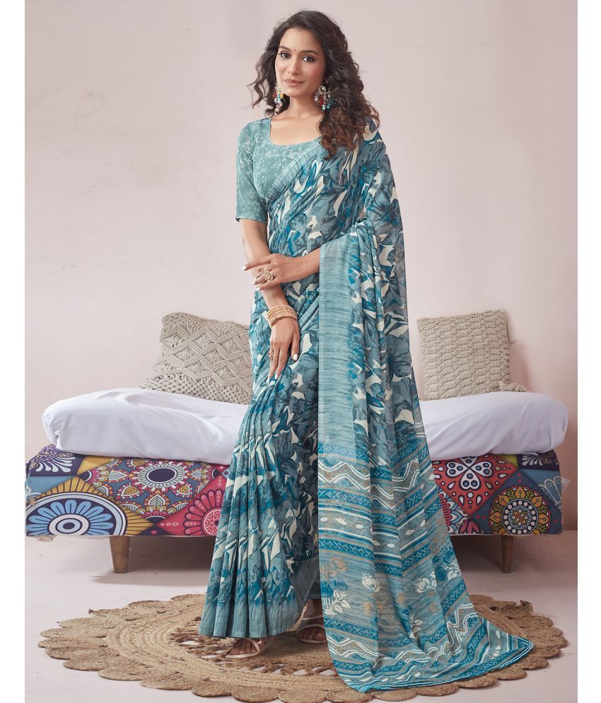     			Samah Georgette Printed Saree With Blouse Piece - Teal ( Pack of 1 )