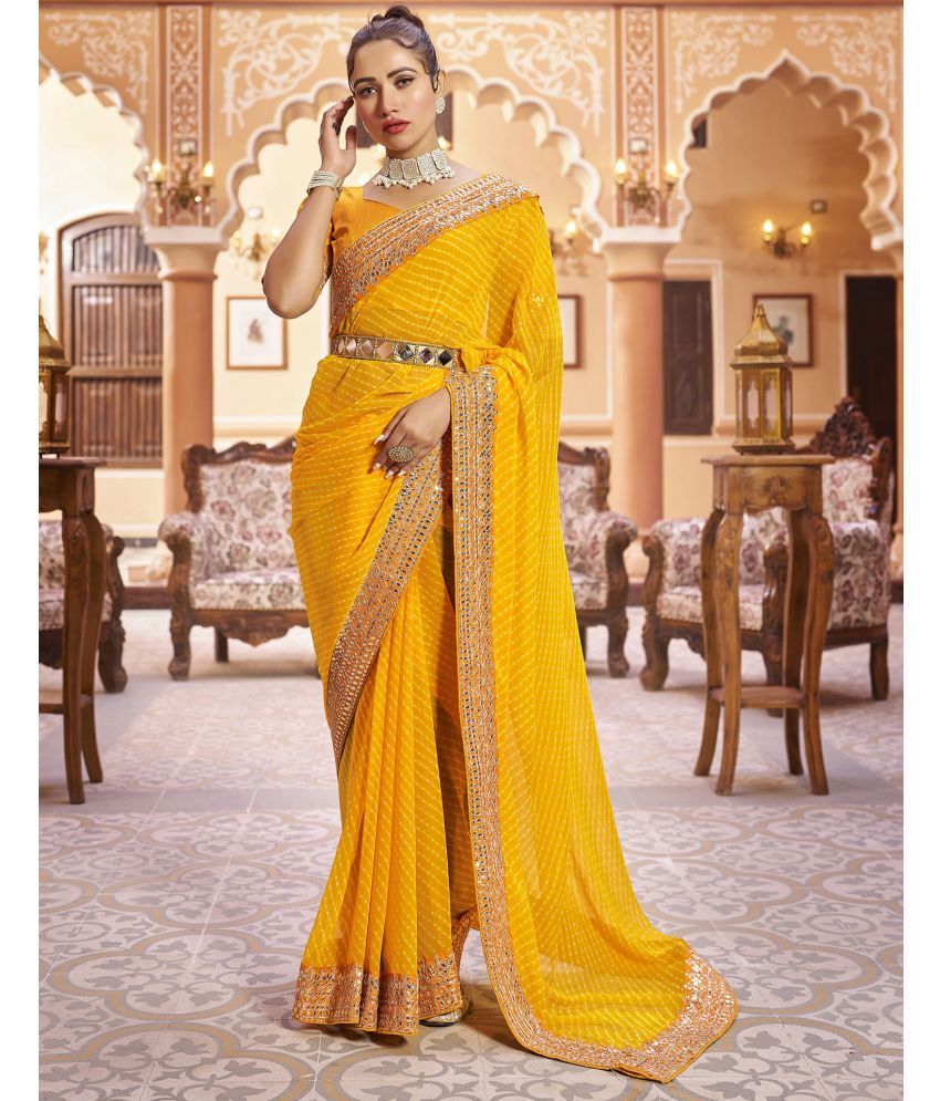     			Samah Georgette Printed Saree With Blouse Piece - Mustard ( Pack of 1 )