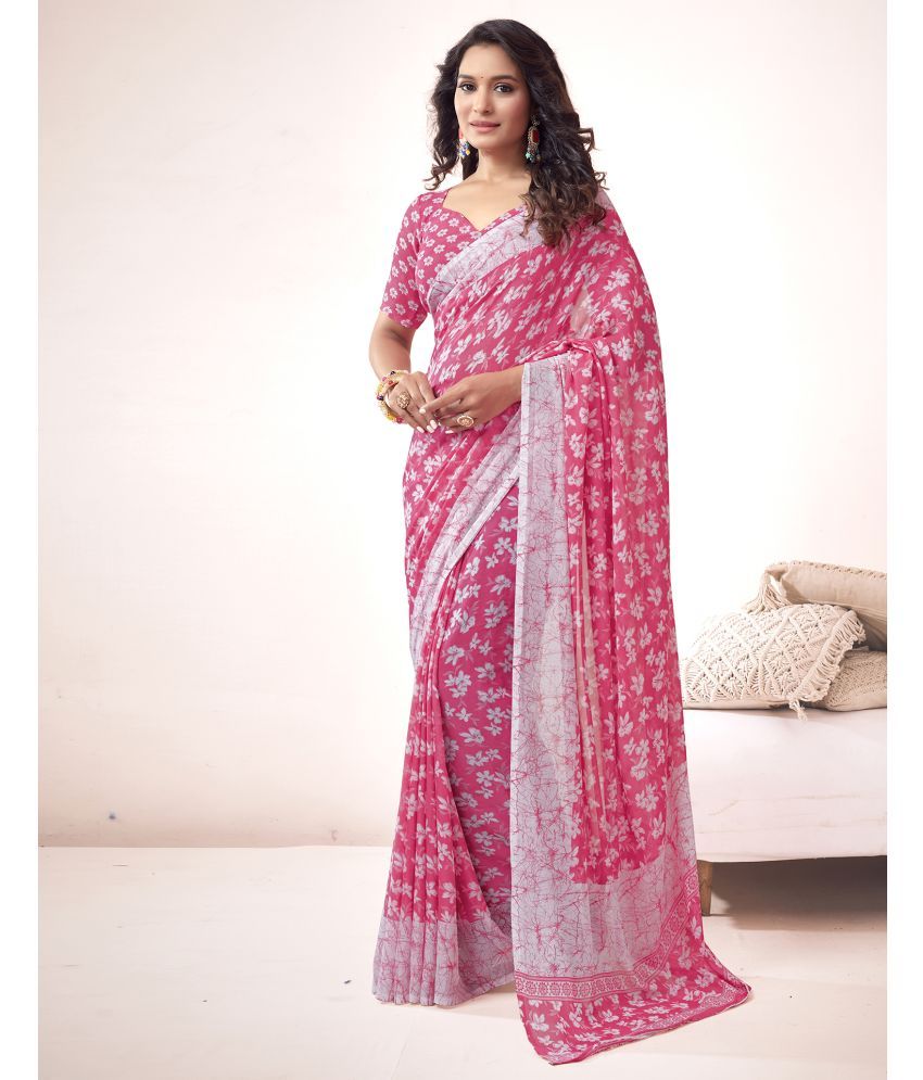     			Samah Georgette Printed Saree With Blouse Piece - Pink ( Pack of 1 )