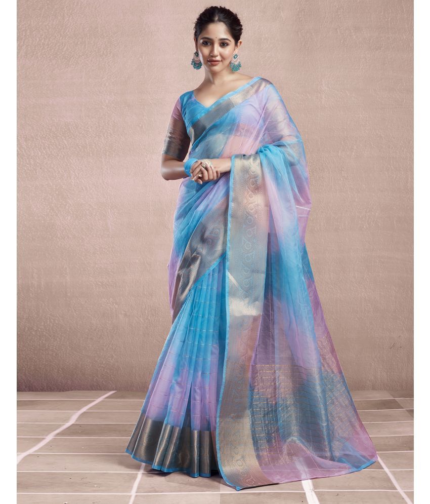     			Samah Organza Woven Saree With Blouse Piece - Blue ( Pack of 1 )