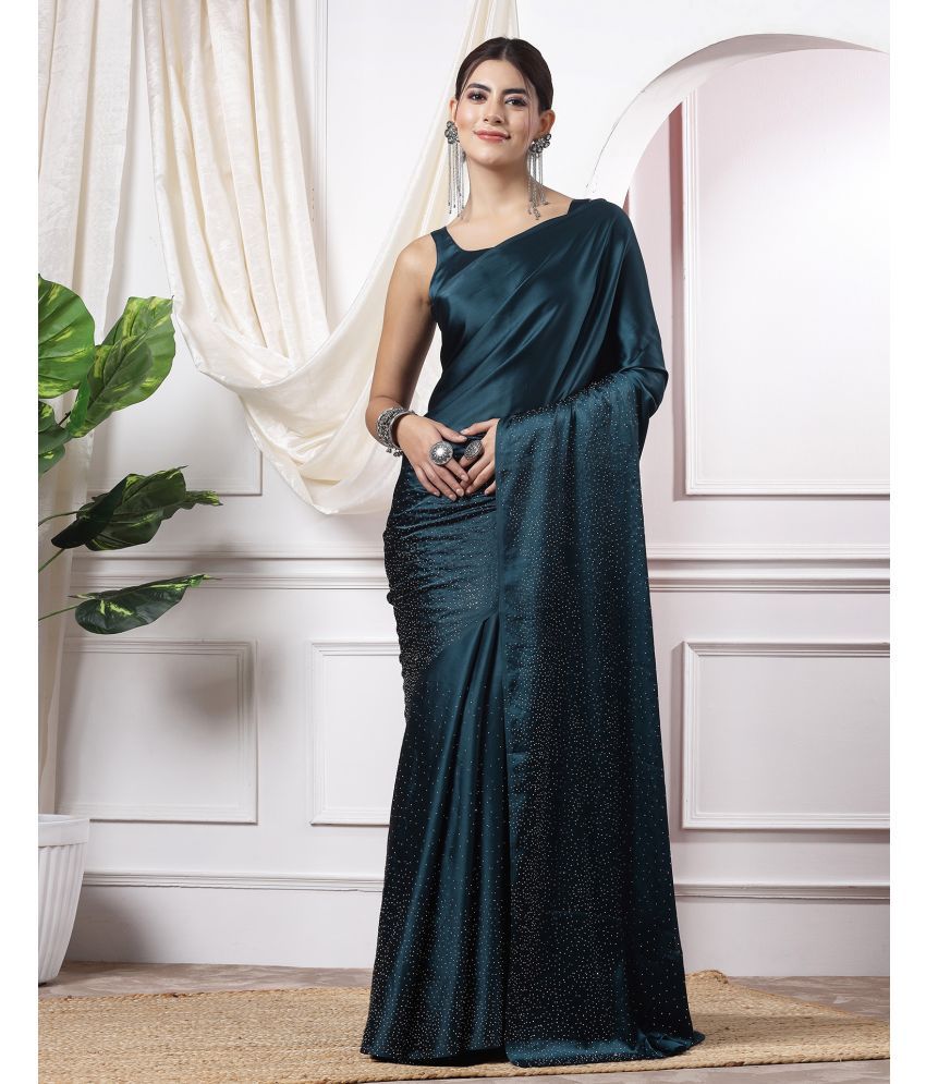     			Samah Satin Embellished Saree With Blouse Piece - Teal ( Pack of 1 )