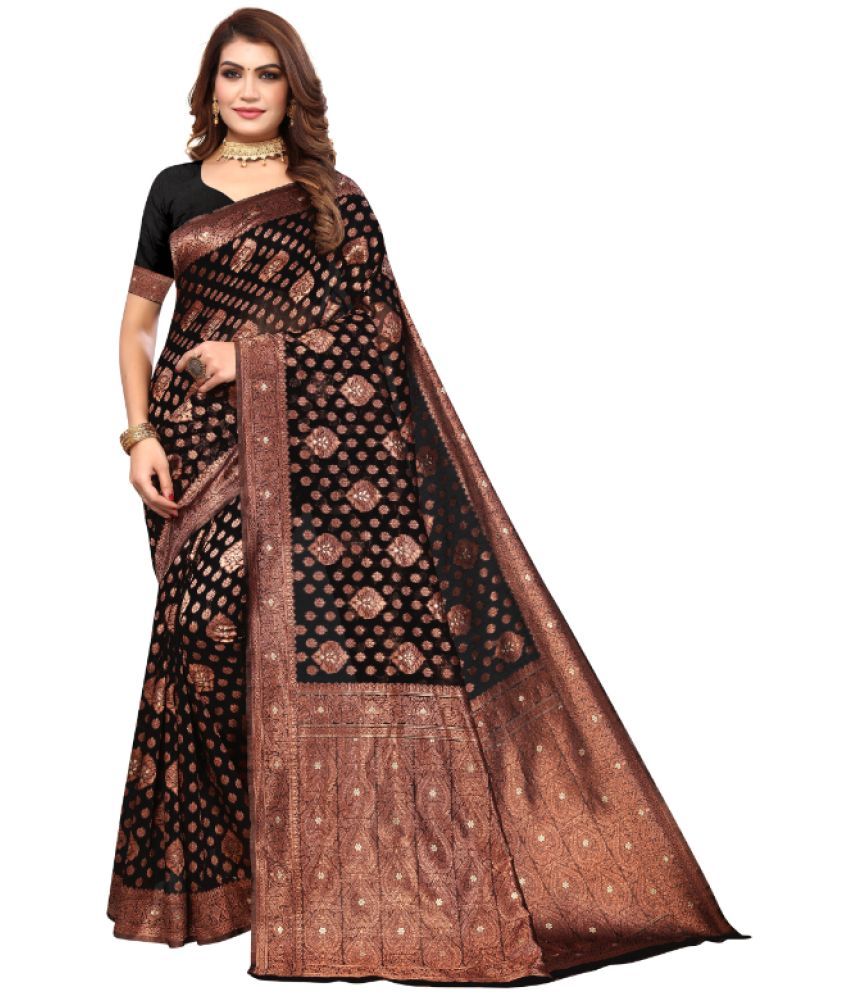     			Aadvika Banarasi Silk Printed Saree With Blouse Piece - Black ( Pack of 1 )