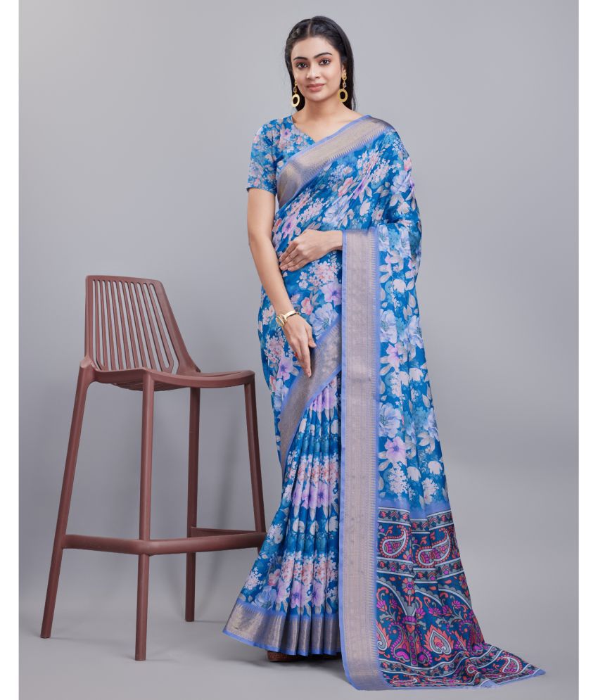     			Aadvika Cotton Printed Saree With Blouse Piece - Blue ( Pack of 1 )