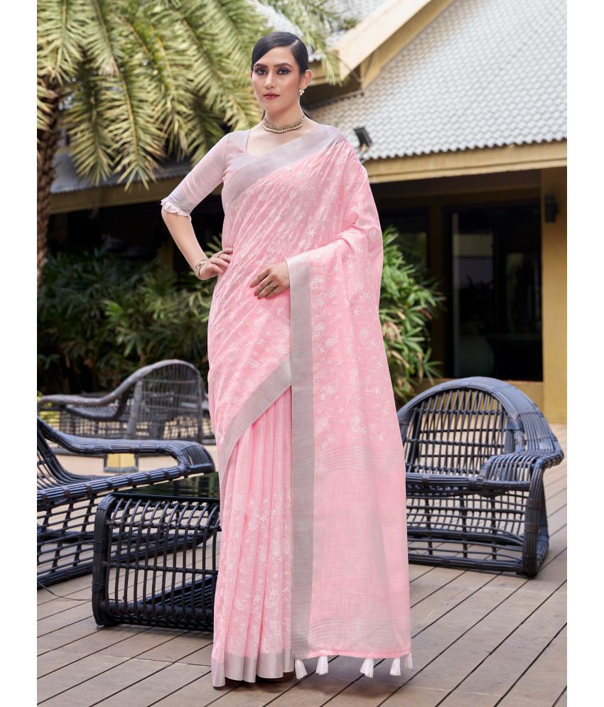     			Rekha Maniyar Fashions Linen Embroidered Saree With Blouse Piece - Pink ( Pack of 1 )