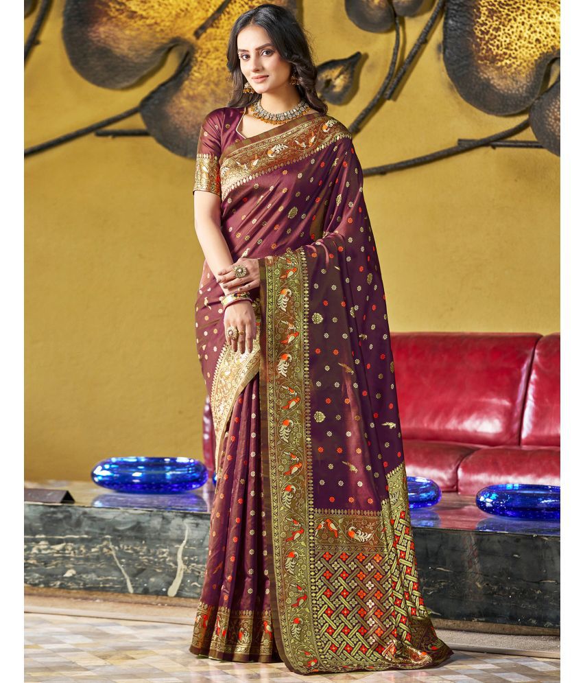     			Samah Art Silk Woven Saree With Blouse Piece - Brown ( Pack of 1 )