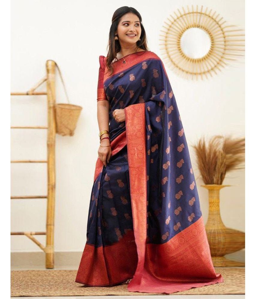     			Samah Art Silk Woven Saree With Blouse Piece - Navy Blue ( Pack of 1 )