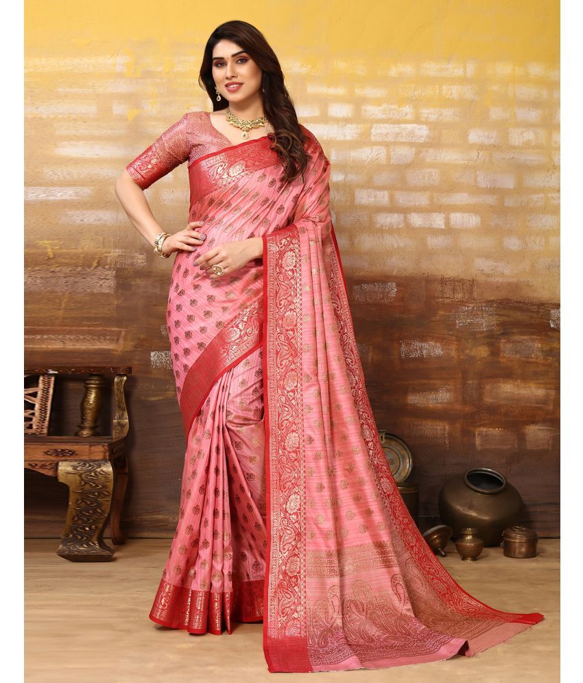     			Samah Art Silk Woven Saree With Blouse Piece - Pink ( Pack of 1 )