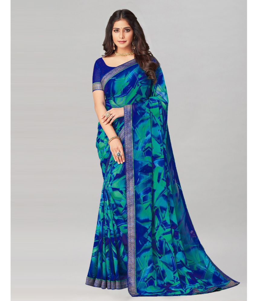     			Samah Chiffon Printed Saree With Blouse Piece - Blue ( Pack of 1 )