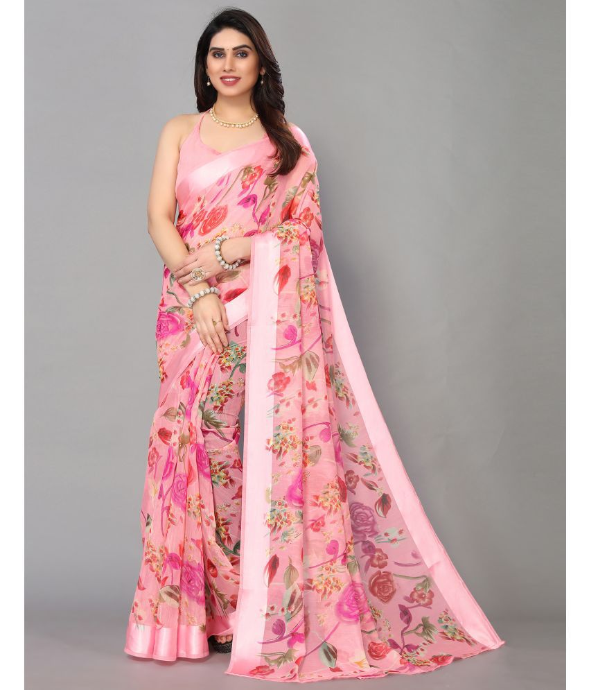     			Samah Cotton Blend Printed Saree With Blouse Piece - Pink ( Pack of 1 )