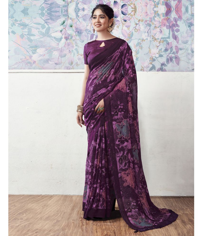     			Samah Georgette Printed Saree With Blouse Piece - Purple ( Pack of 1 )