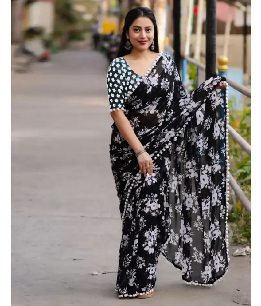     			Samah Georgette Printed Saree With Blouse Piece - Black ( Pack of 1 )