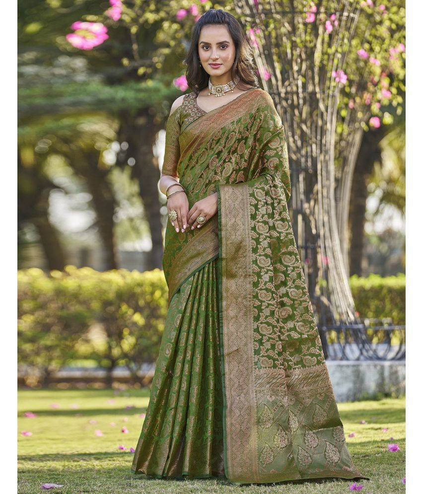     			Samah Organza Woven Saree With Blouse Piece - Green ( Pack of 1 )