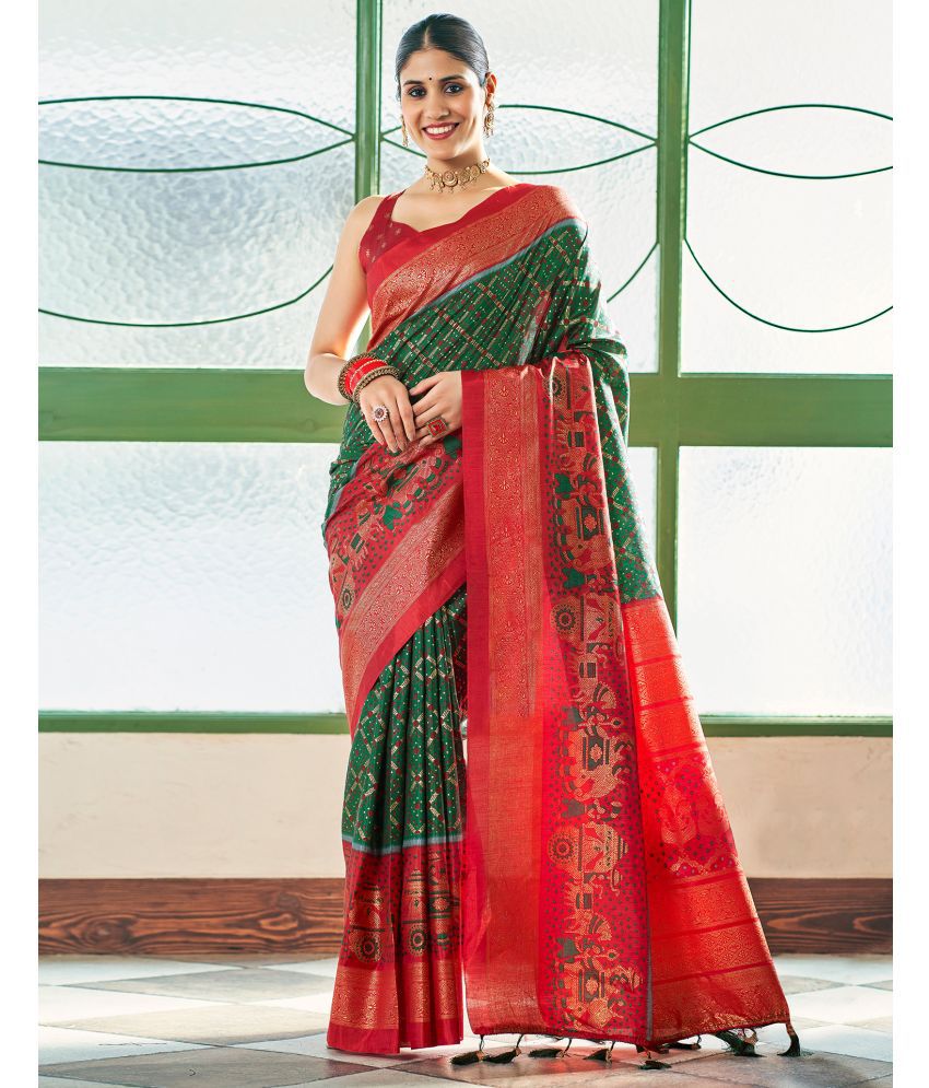     			Samah Silk Printed Saree With Blouse Piece - Green ( Pack of 1 )