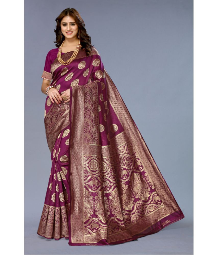     			Aadvika Banarasi Silk Printed Saree With Blouse Piece - Purple ( Pack of 1 )