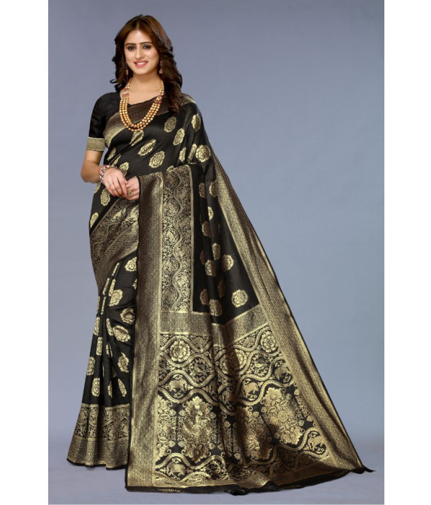     			Aadvika Banarasi Silk Printed Saree With Blouse Piece - Black ( Pack of 1 )