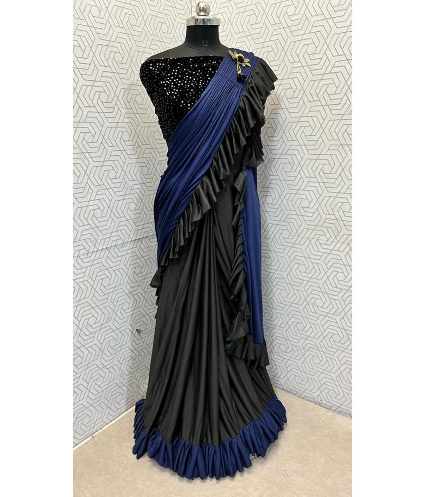     			Apnisha Lycra Embellished Saree With Blouse Piece - Navy Blue ( Pack of 1 )