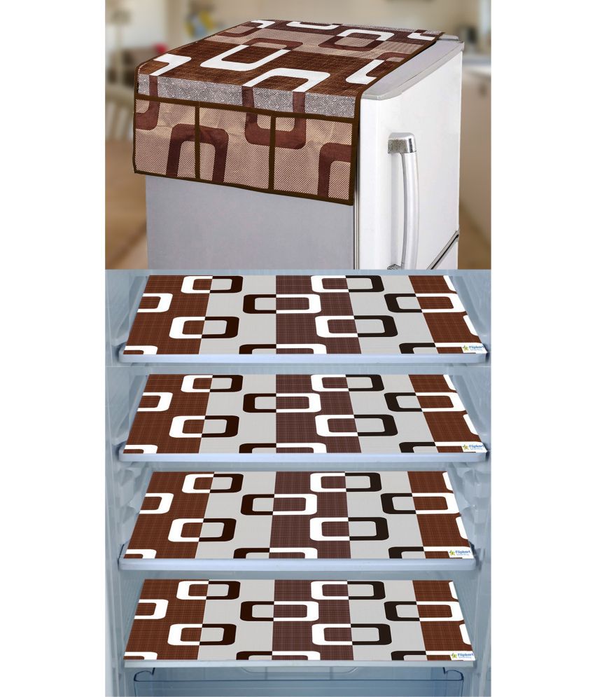     			Crosmo Polyester Floral Printed Fridge Mat & Cover ( 64 18 ) Pack of 5 - Brown
