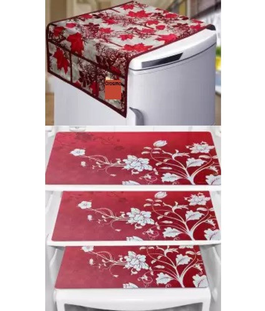     			Crosmo Polyester Floral Printed Fridge Mat & Cover ( 64 18 ) Pack of 4 - Red