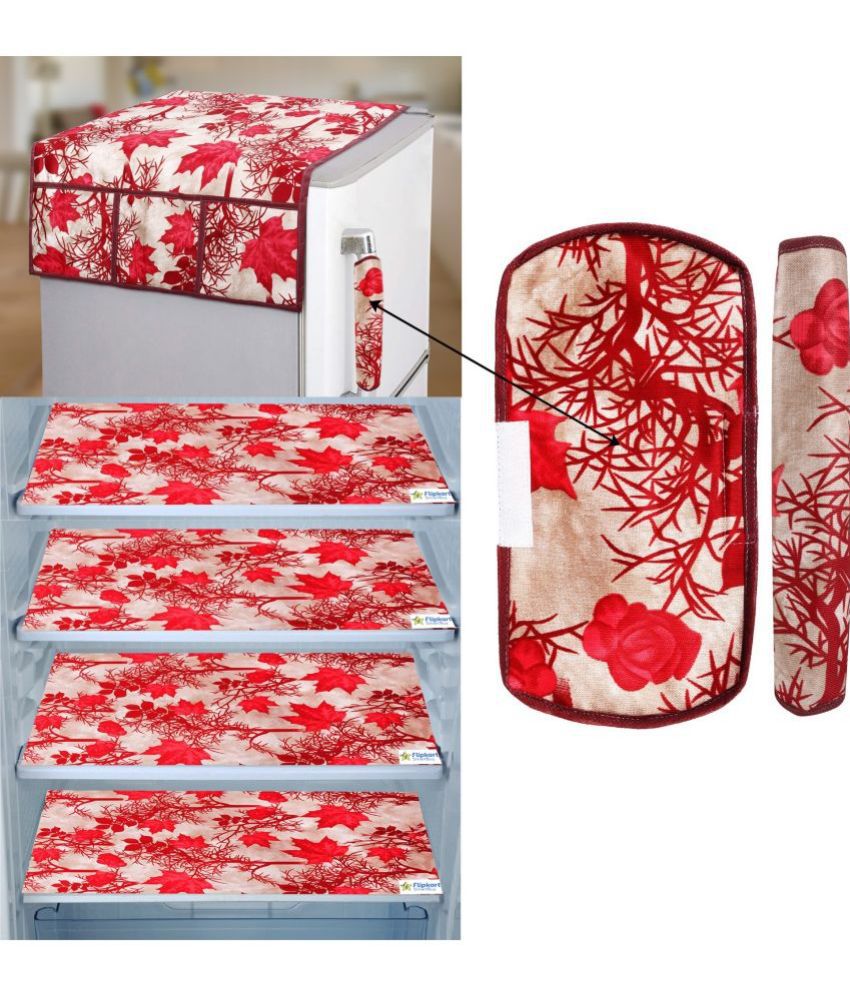     			Crosmo Polyester Floral Printed Fridge Mat & Cover ( 64 18 ) Pack of 7 - Red