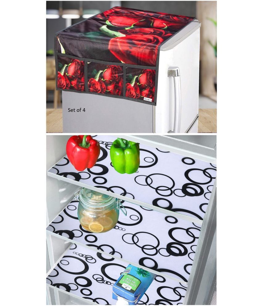     			Crosmo Polyester Floral Printed Fridge Mat & Cover ( 64 18 ) Pack of 4 - Red