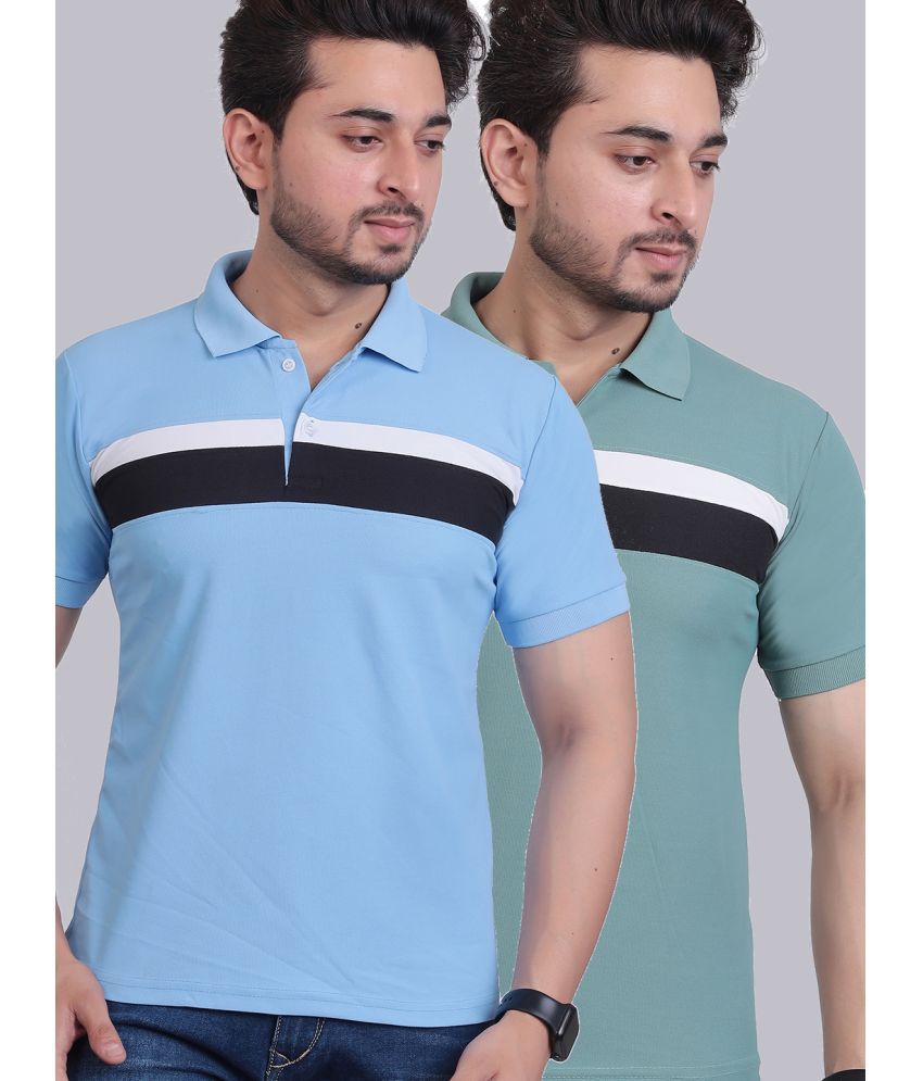     			DENNIN Cotton Blend Regular Fit Striped Half Sleeves Men's Polo T Shirt - Blue ( Pack of 2 )