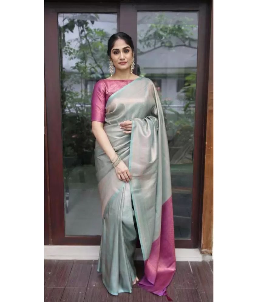     			Aadvika Banarasi Silk Printed Saree With Blouse Piece - Silver ( Pack of 1 )