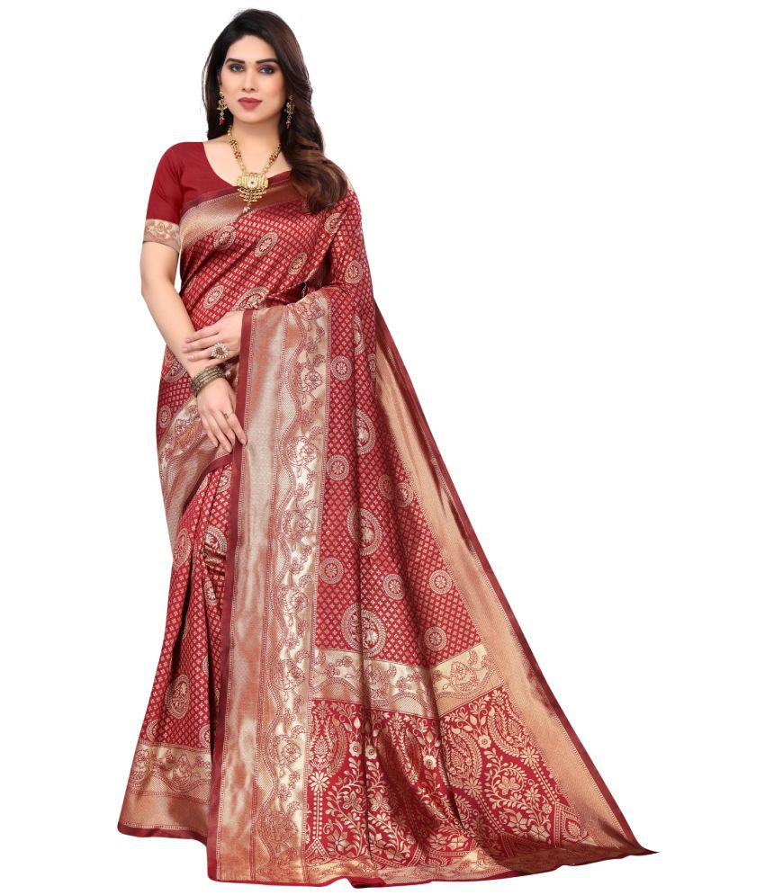     			Aadvika Banarasi Silk Printed Saree With Blouse Piece - Maroon ( Pack of 1 )