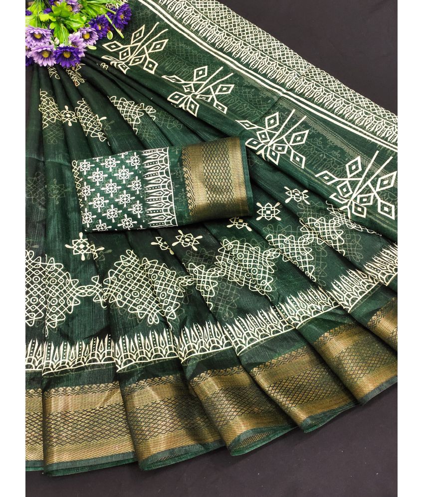     			HEMA SILK MILLS Cotton Blend Printed Saree With Blouse Piece - Green ( Pack of 1 )