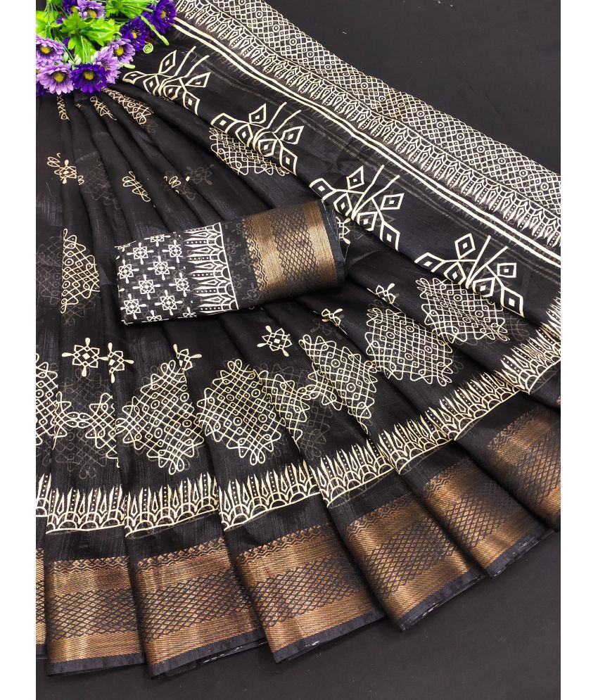     			HEMA SILK MILLS Cotton Blend Printed Saree With Blouse Piece - Black ( Pack of 1 )